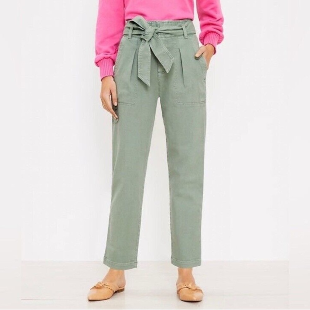 Ann Taylor LOFT Green Paper Bag Tie Waist Belted Straight Pants Women's Size 8